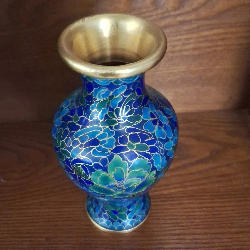 Vintage Cloisonne Elegant Blue and Gold Floral Vase
